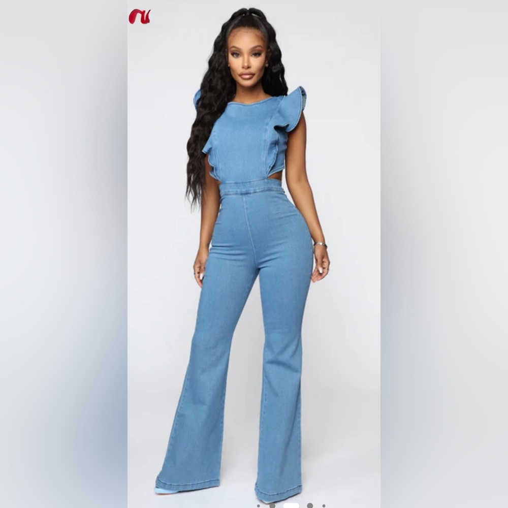 Fashion Nova Blue Boot Cut Jumpsuit with Flare